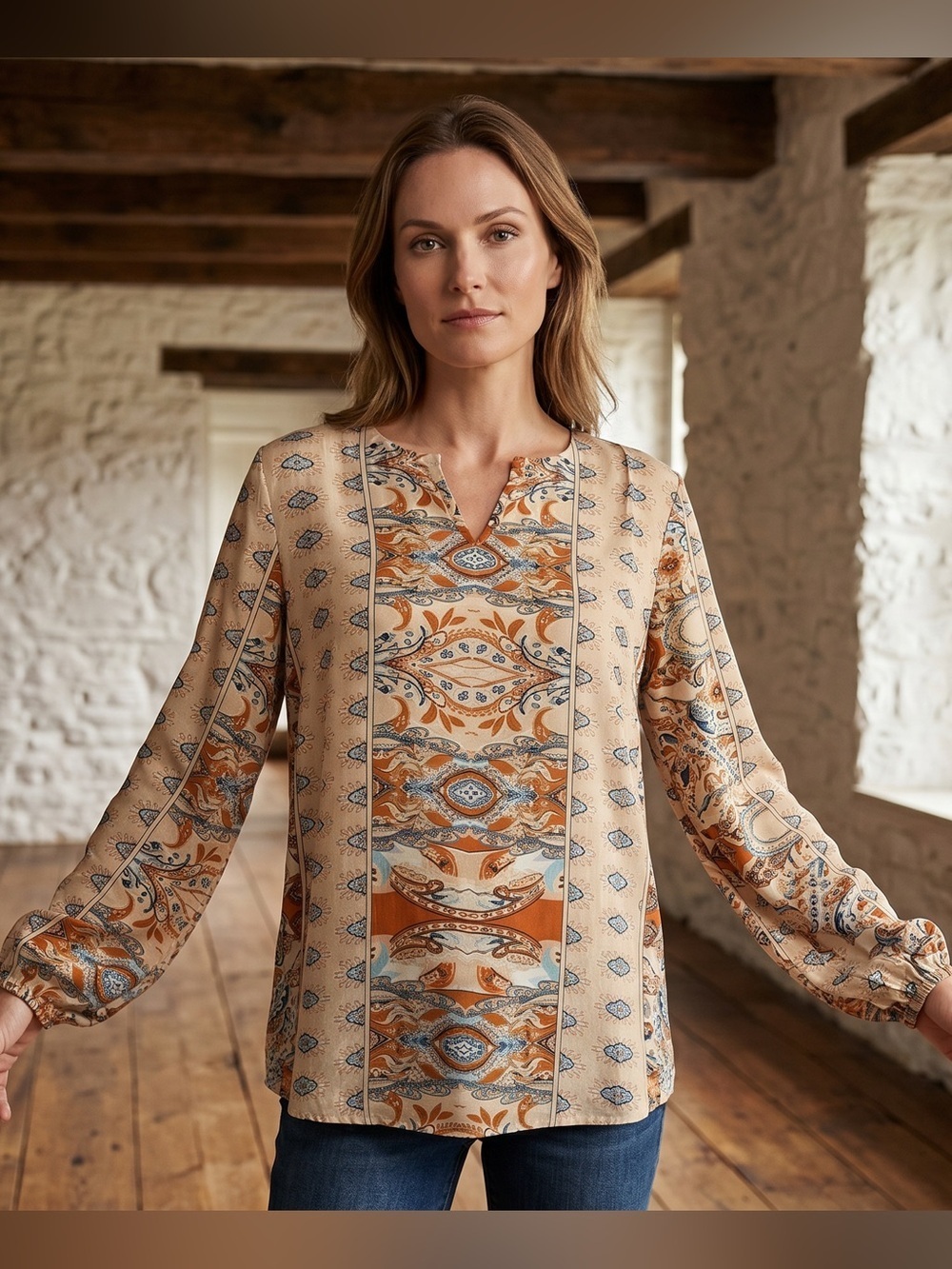 Elegant Boho Meets Global Print Blouse in Orange, Blues, & Cream